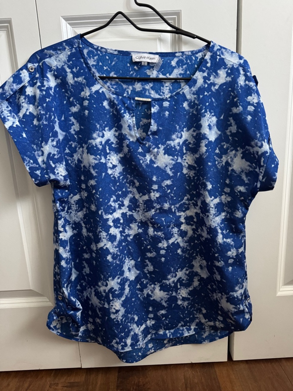 Calvin Klein Blue and White Short Sleeve Keyhole Top